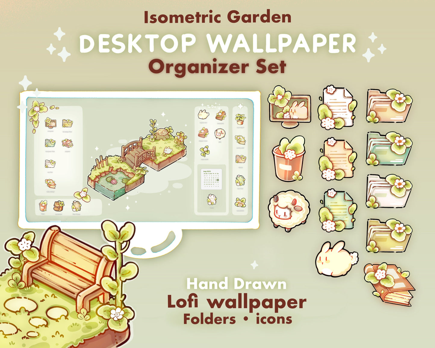 Isometric Garden Desktop Theme Background Wallpaper Organizer Set