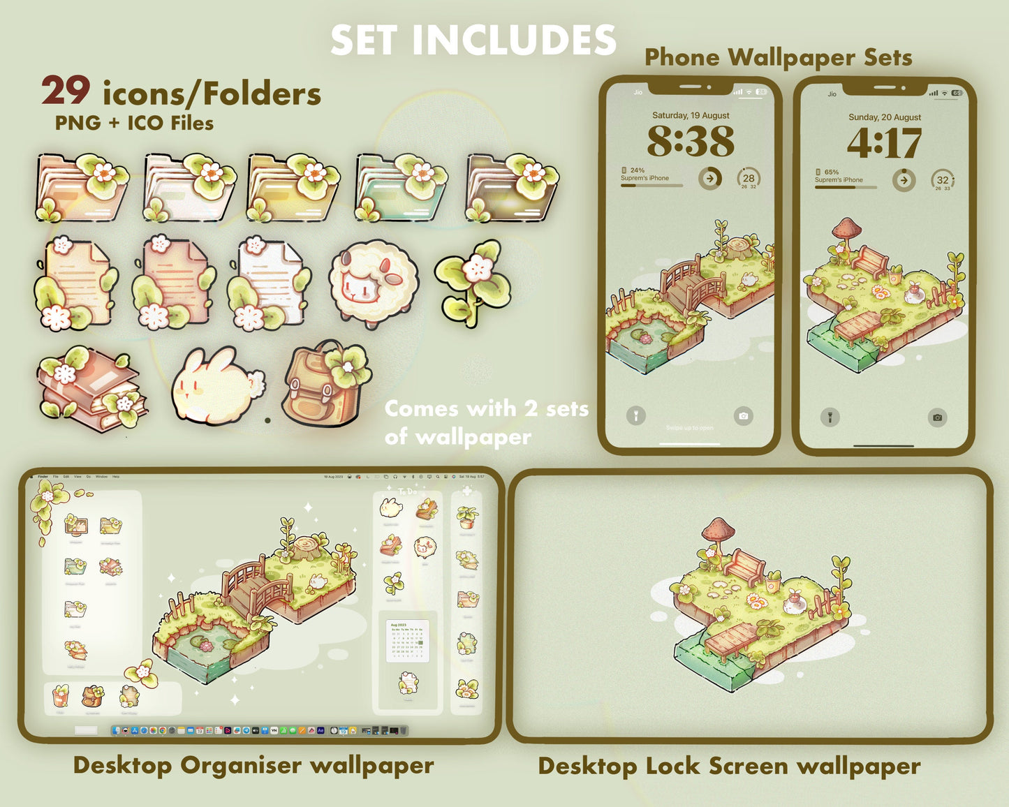 Isometric Garden Desktop Theme Background Wallpaper Organizer Set