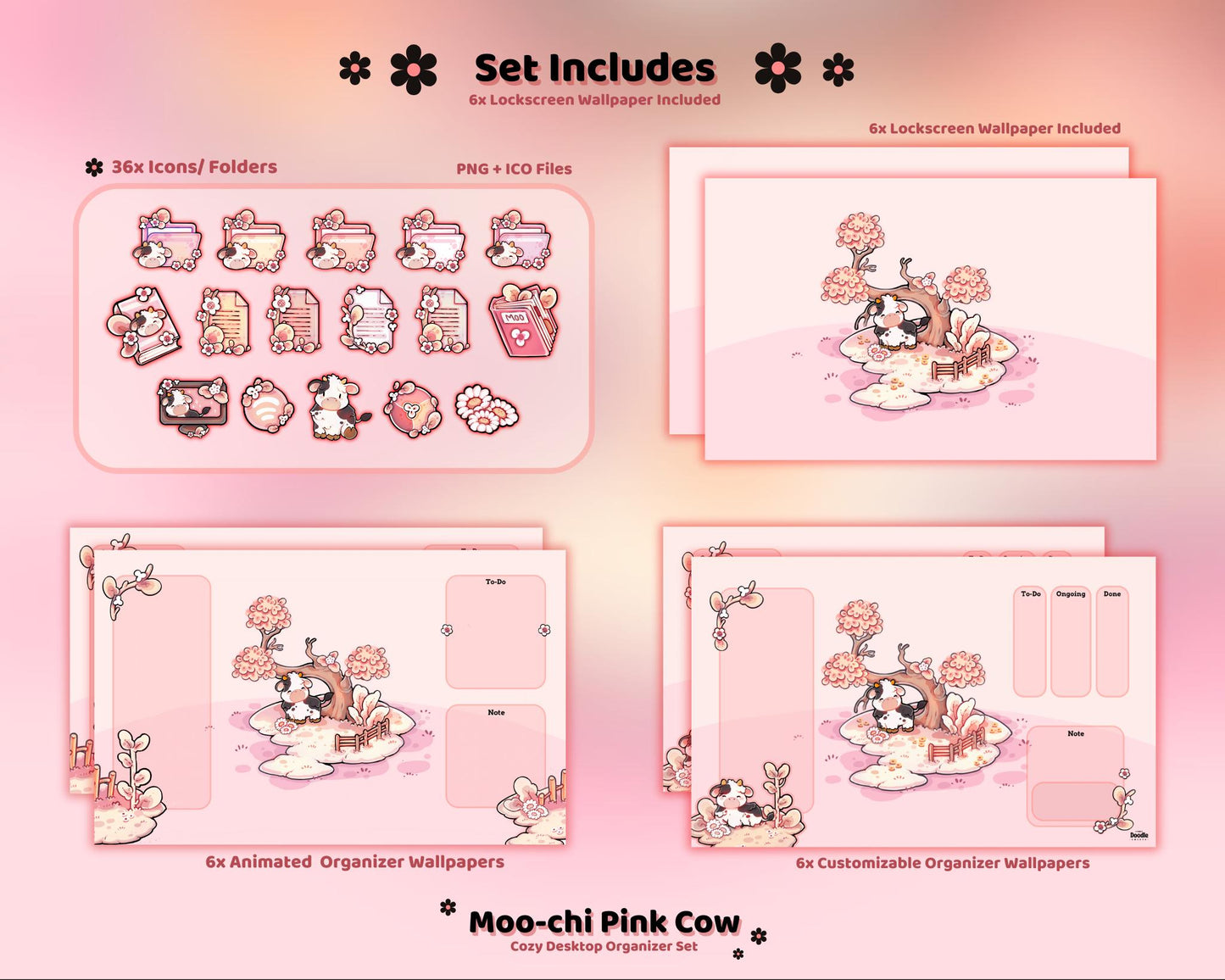 Pink Cow Desktop Theme Background Wallpaper Organizer Set