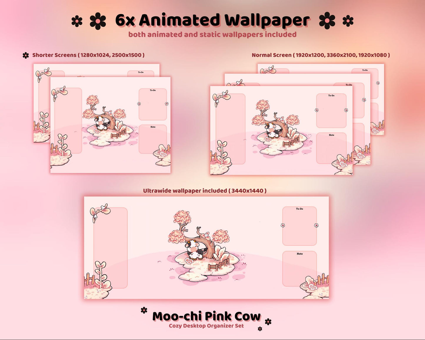 Pink Cow Desktop Theme Background Wallpaper Organizer Set