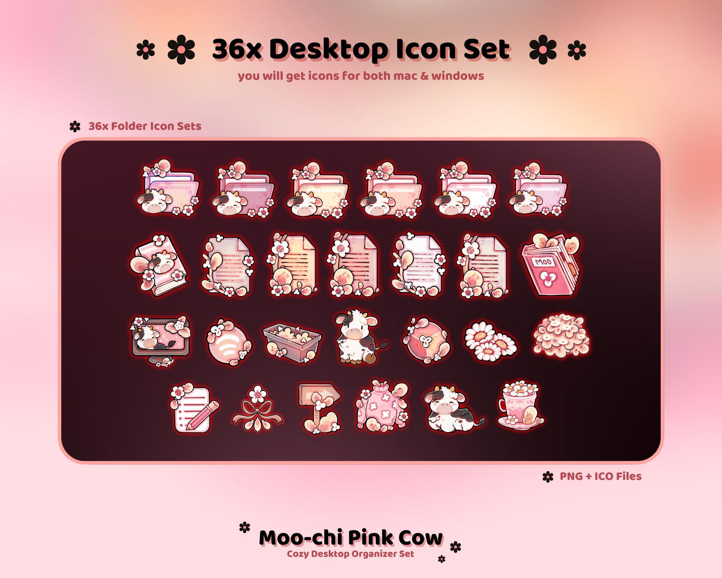 Pink Cow Desktop Theme Background Wallpaper Organizer Set