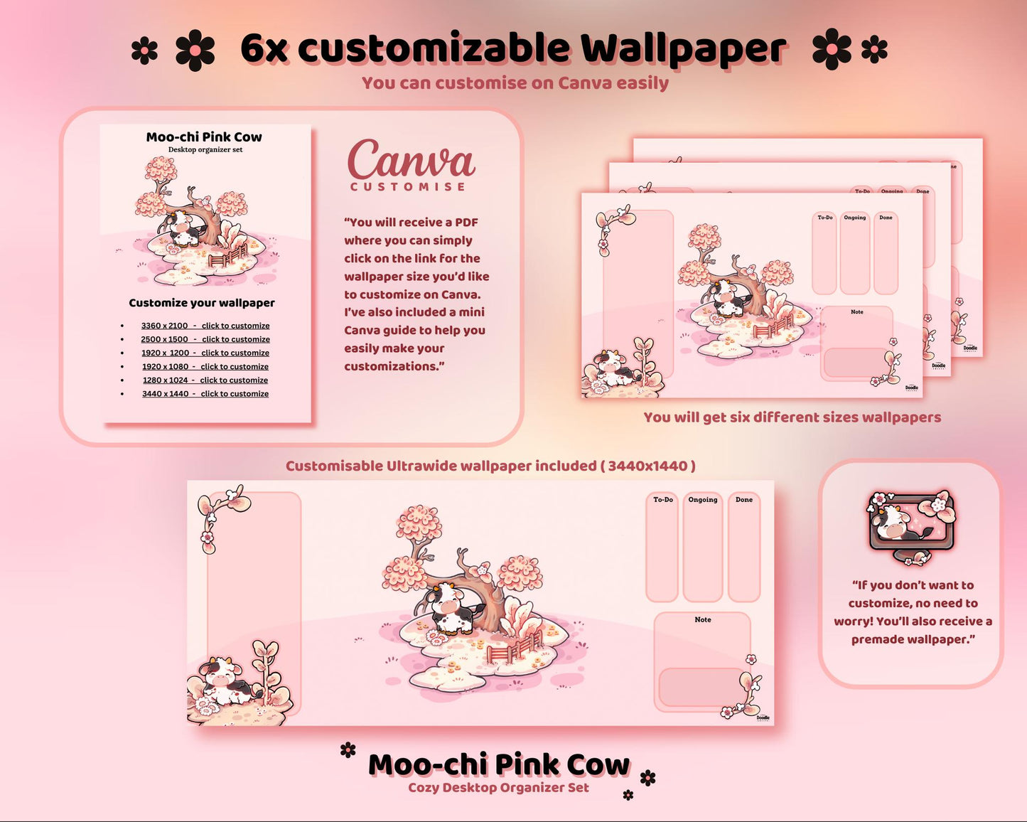 Pink Cow Desktop Theme Background Wallpaper Organizer Set