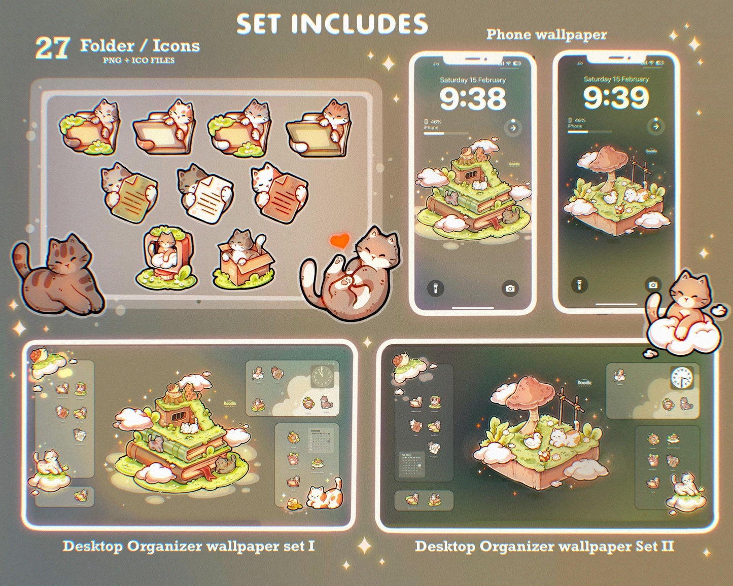 Dreamy Cats Desktop Wallpaper Organizer Set