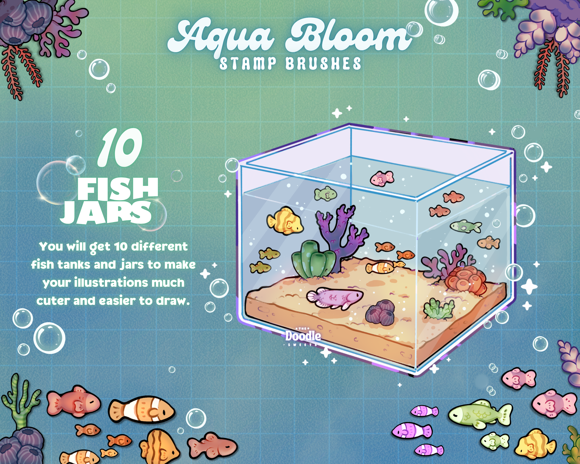 Aqua Bloom - 20 cute hand-drawn fish stamp brushes for Procreate, matching the full aquatic aesthetic