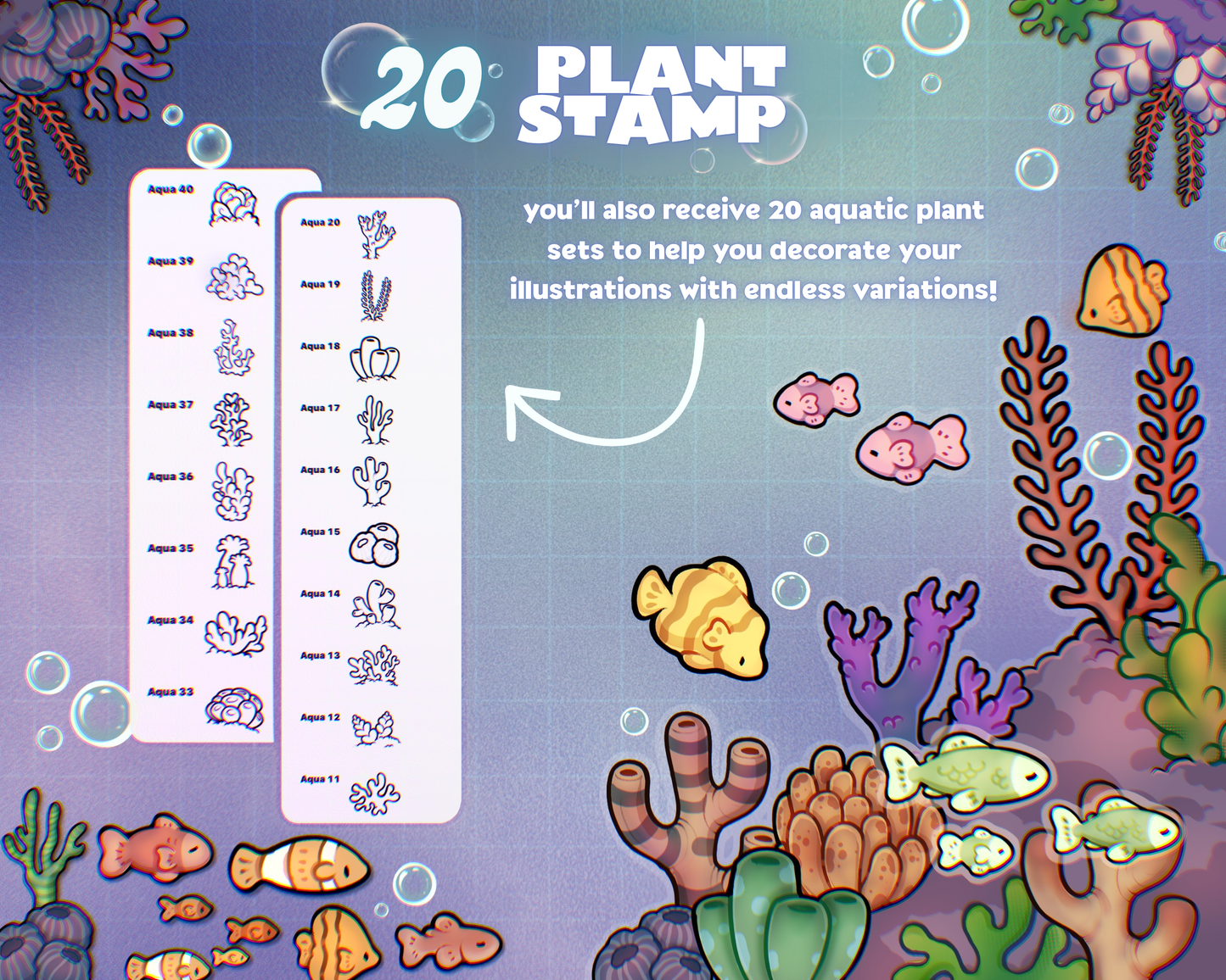 Aqua Bloom - 20 hand-drawn aquatic plant stamp brushes for Procreate including corals, seaweeds, and underwater flora