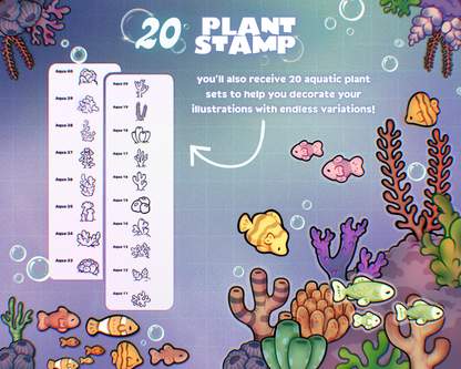 Aqua Bloom - 20 hand-drawn aquatic plant stamp brushes for Procreate including corals, seaweeds, and underwater flora