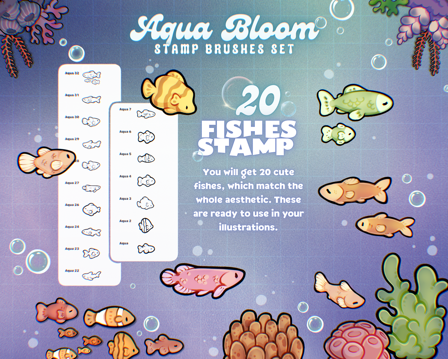 Aqua Bloom Procreate stamp brushes - cute hand-drawn fish aquarium inside a glass tank illustration made with the brush set
