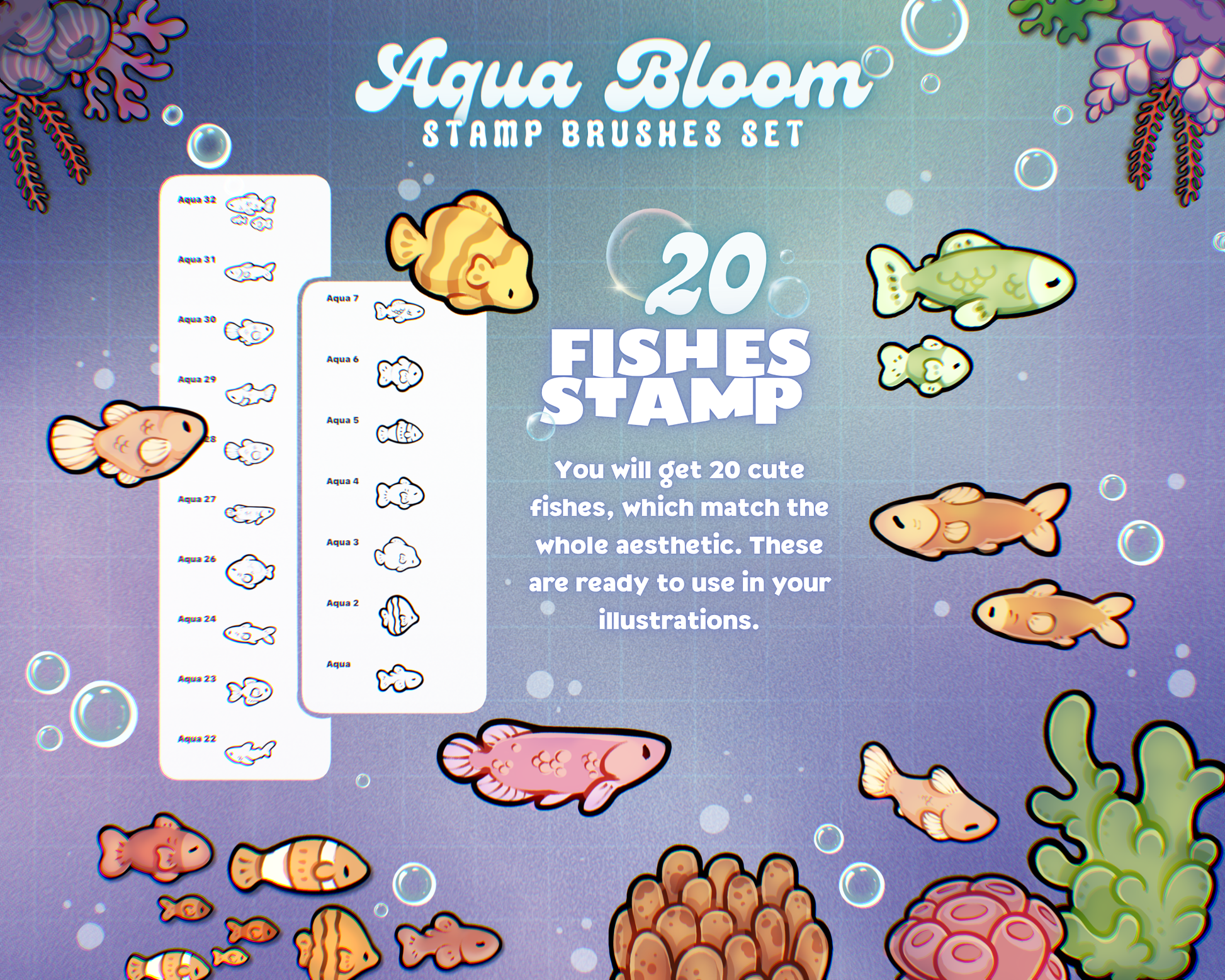 Aqua Bloom Procreate stamp brushes - cute hand-drawn fish aquarium inside a glass tank illustration made with the brush set