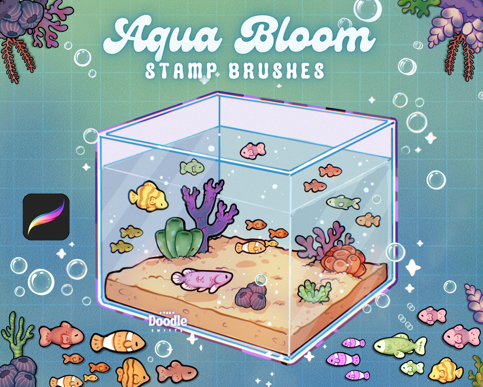 Aqua Bloom Procreate Stamp Brushes Set - hand-drawn underwater brush set with fish, plants, colour palettes and decorative brushes
