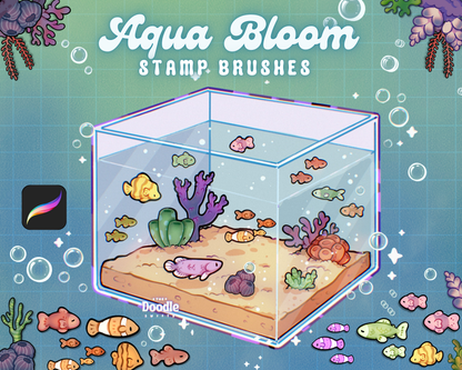 Aqua Bloom Procreate Stamp Brushes Set - hand-drawn underwater brush set with fish, plants, colour palettes and decorative brushes