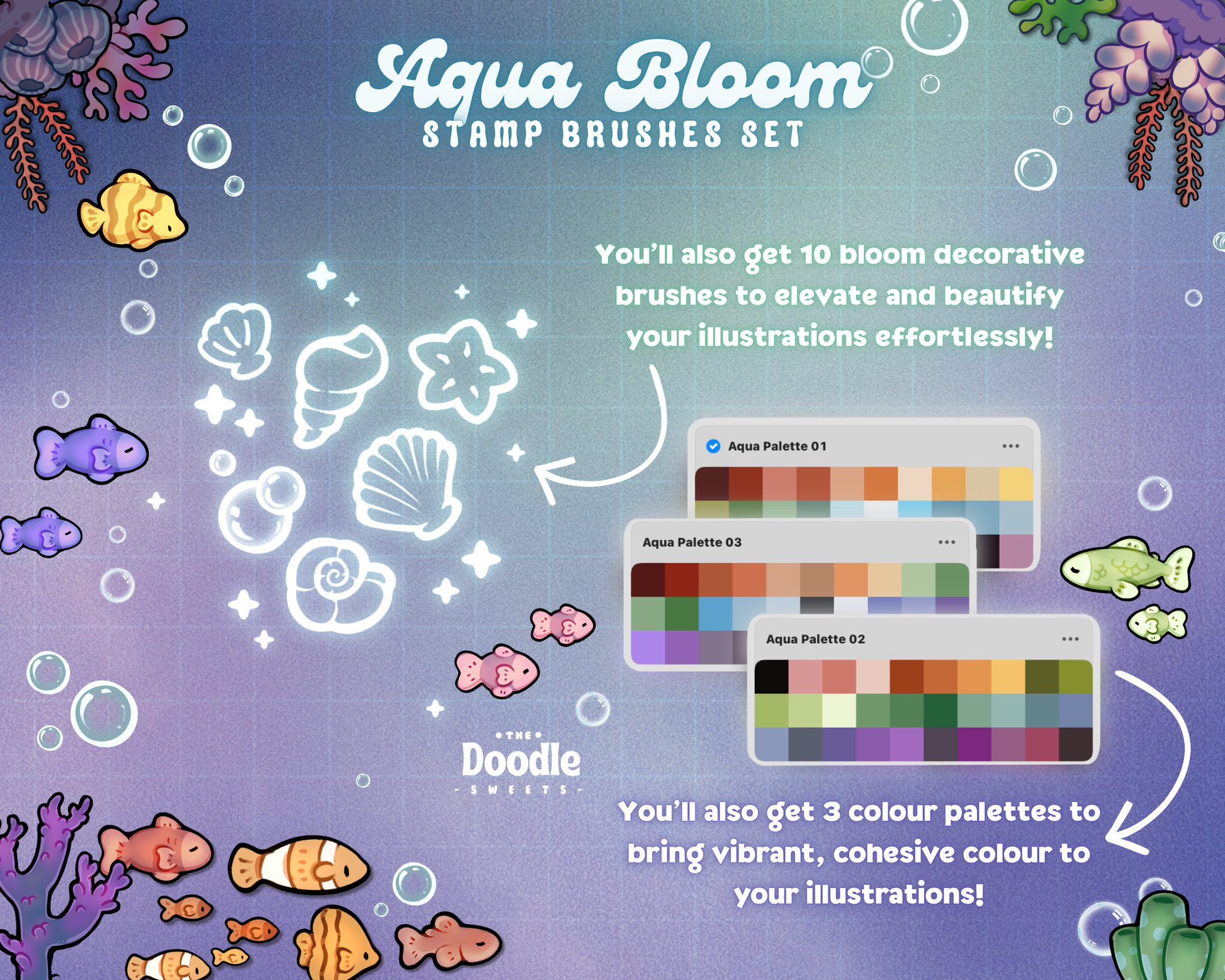Aqua Bloom Procreate brush set - 10 fish jars and 3 aqua colour palettes included in the digital download