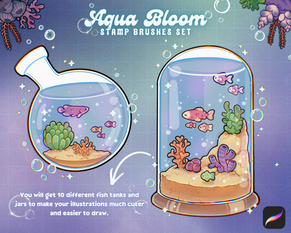 Aqua Bloom - 10 hand-drawn fish tank and jar stamp brushes for Procreate illustrations