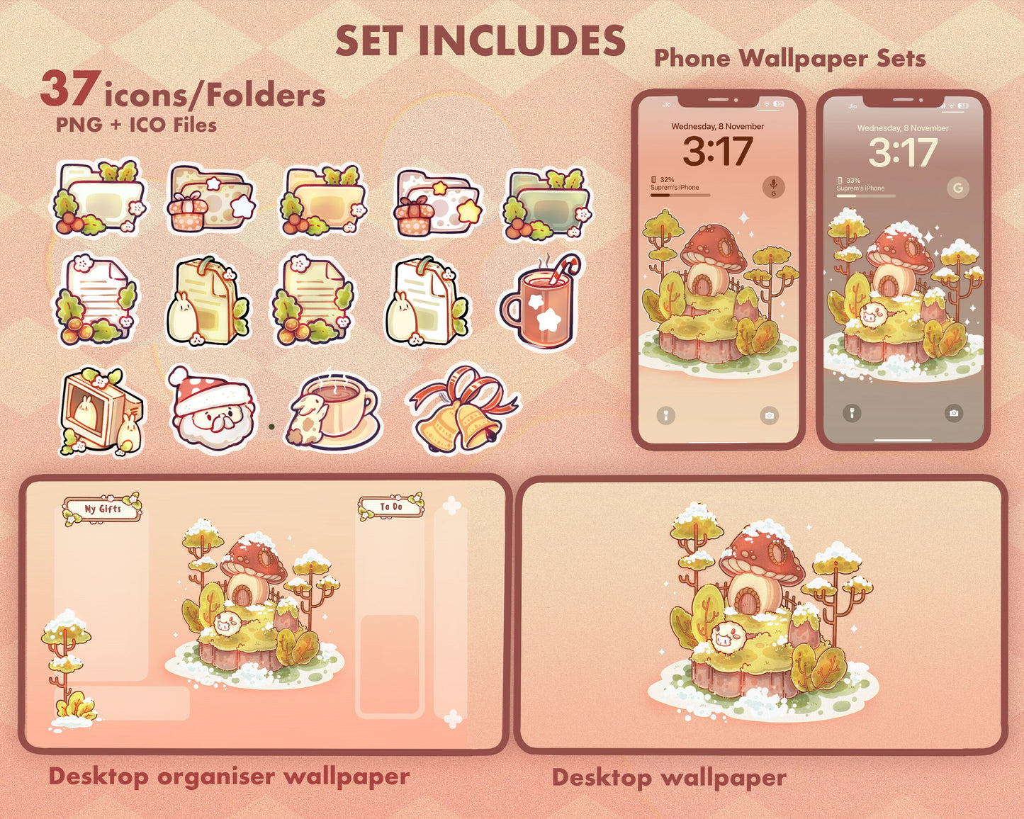 Christmas Desktop Folder Organizer Icon Set | Cute Stationary File Icons | Pastel Cozy Christmas Theme Desktop Folder Icons for Mac & PC