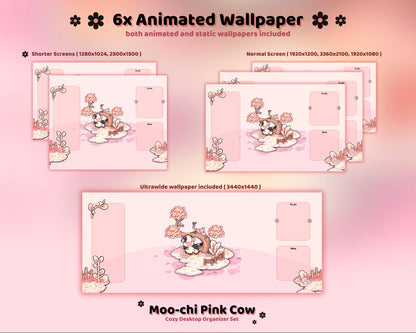 Pink Cow Desktop Theme Background Wallpaper Organizer Set