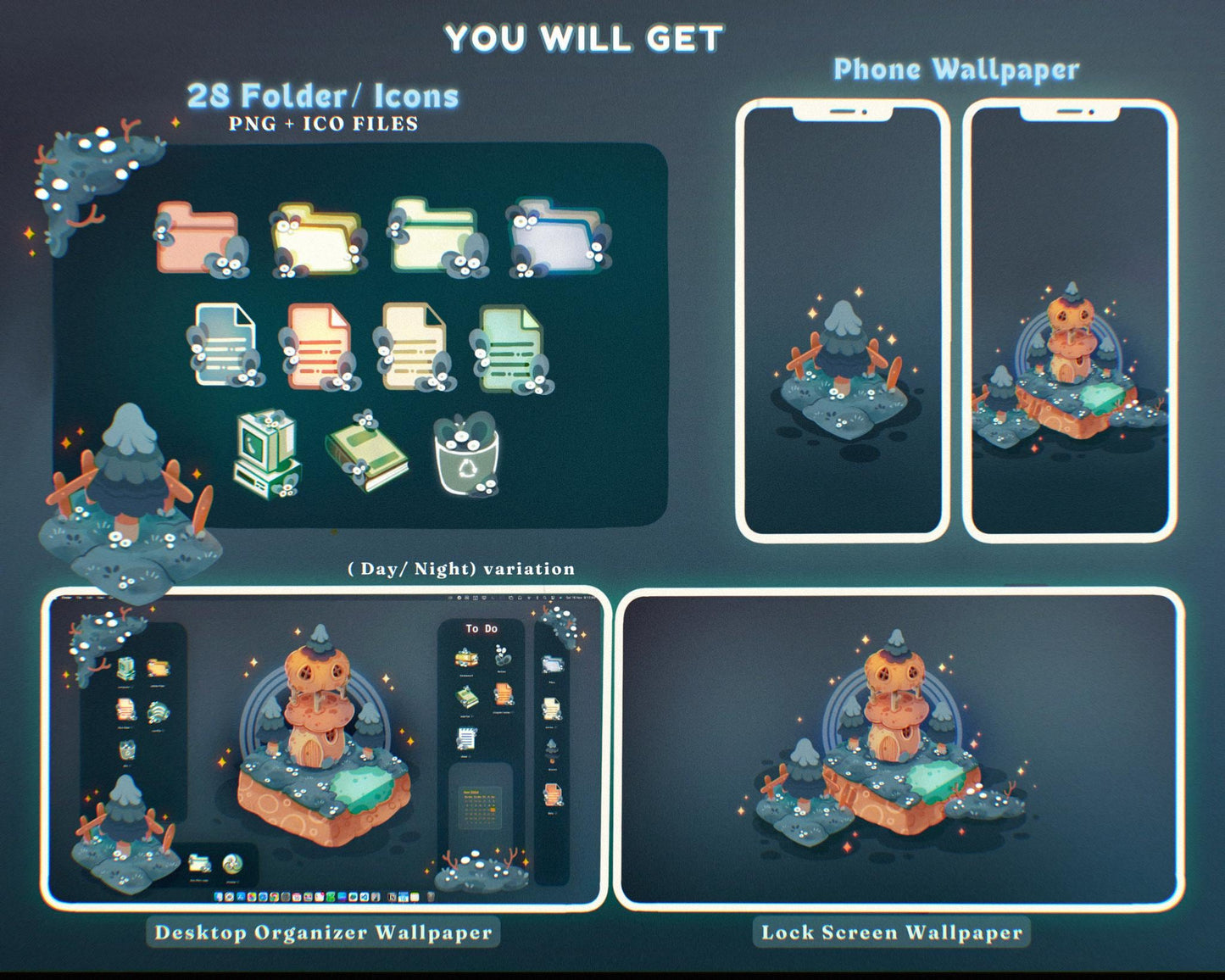 BLUE FOREST Desktop Theme Background Wallpaper Organizer Set | Lofi Garden Folder Icons Wallpaper Organizer | Winter Desktop Organizer