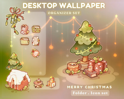Merry Christmas Desktop Theme Background Wallpaper Organizer Set | Lofi Garden Folder Icons Wallpaper Organizer | Kawaii Desktop Organizer