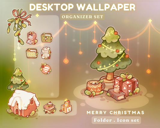 Merry Christmas Desktop Theme Background Wallpaper Organizer Set | Lofi Garden Folder Icons Wallpaper Organizer | Kawaii Desktop Organizer