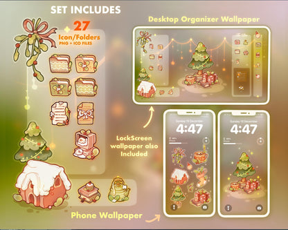 Merry Christmas Desktop Theme Background Wallpaper Organizer Set | Lofi Garden Folder Icons Wallpaper Organizer | Kawaii Desktop Organizer