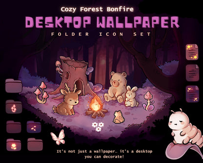 Cozy Forest Bonfire Desktop Wallpaper Icon Set