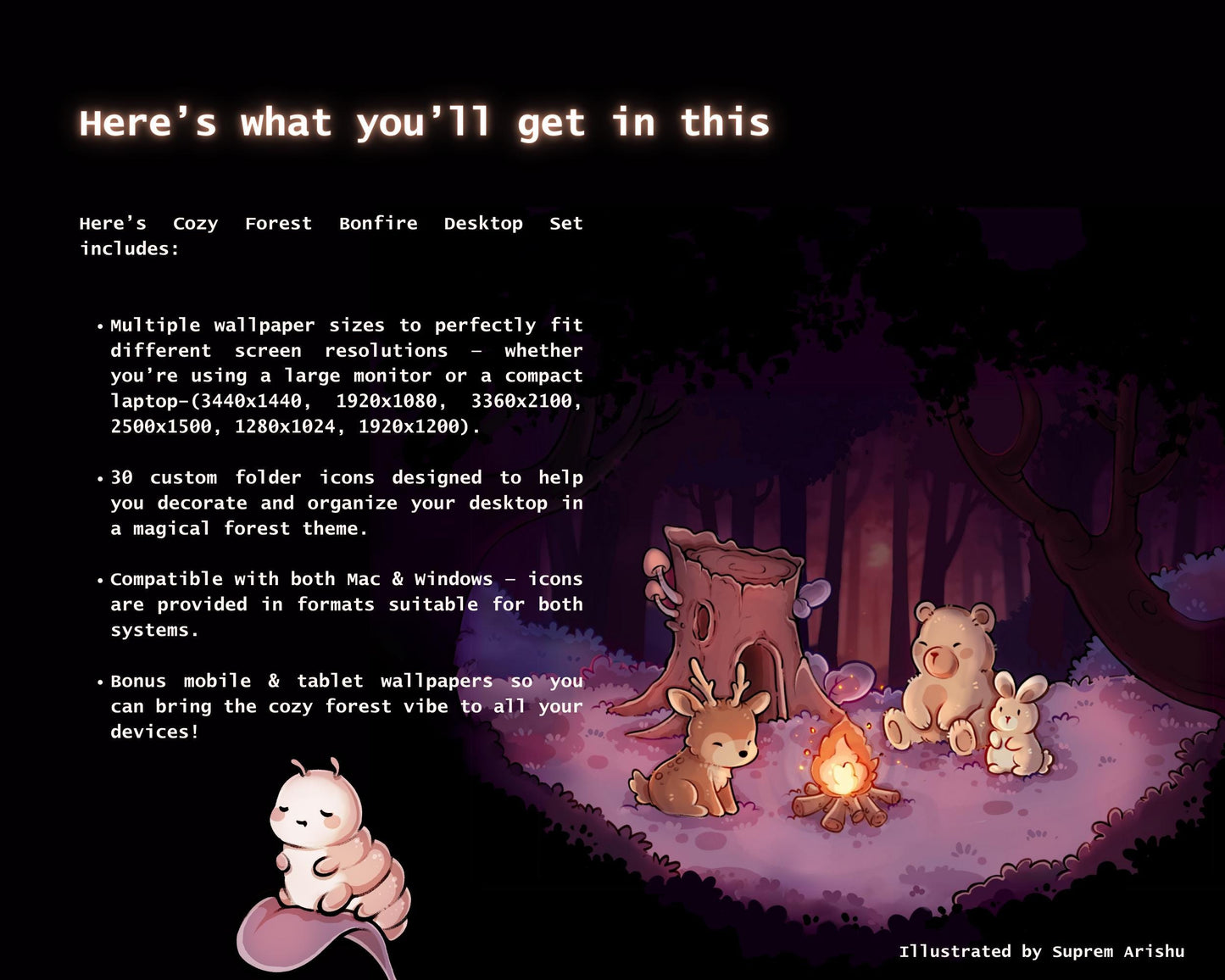 Cozy Forest Bonfire Desktop Wallpaper Icon Set