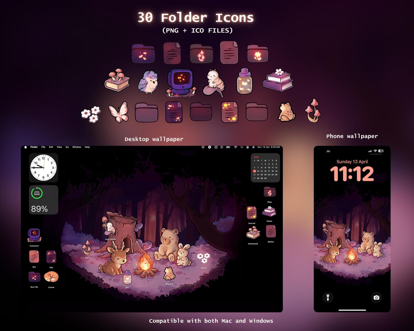 Cozy Forest Bonfire Desktop Wallpaper Icon Set