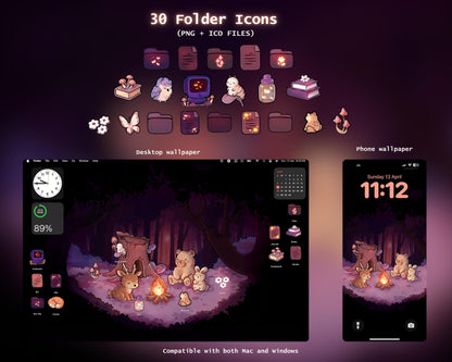 Cozy Forest Bonfire Desktop Wallpaper Icon Set