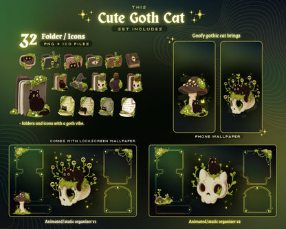 Cute Goth Cat Desktop Wallpaper & Icons Sets