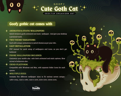 Cute Goth Cat Desktop Wallpaper & Icons Sets