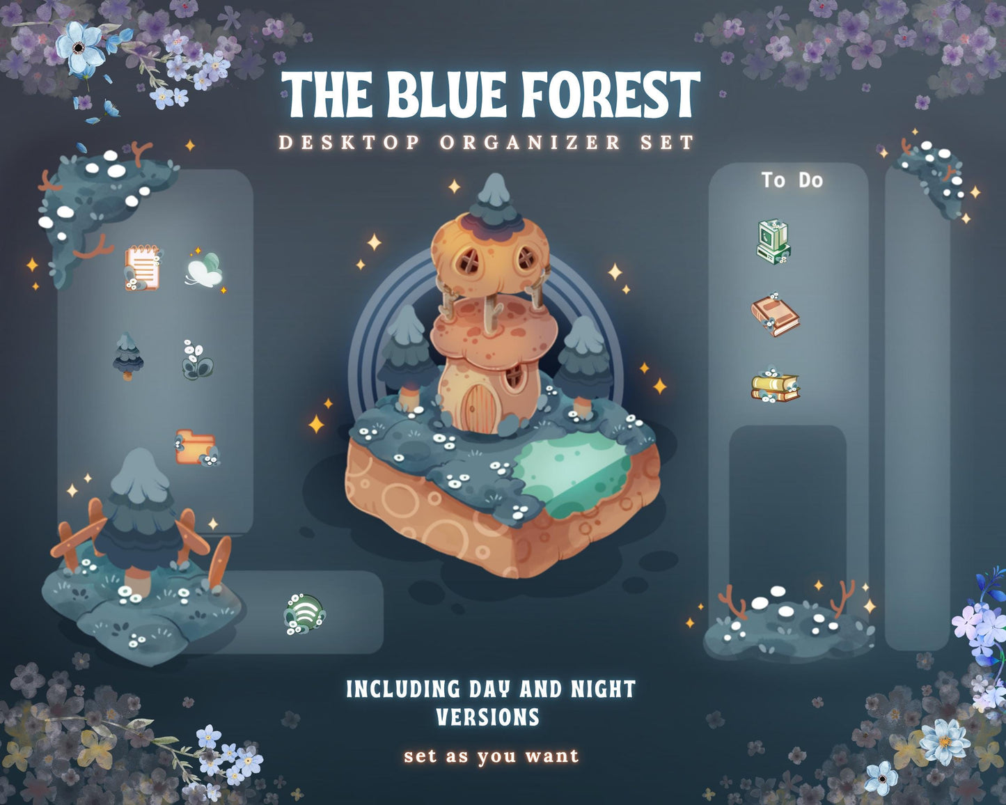 BLUE FOREST Desktop Theme Background Wallpaper Organizer Set | Lofi Garden Folder Icons Wallpaper Organizer | Winter Desktop Organizer